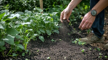 Fototapeta premium Gardener sprinkling compost over garden soil, promoting healthy growth and sustainability