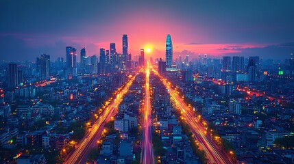 Mesmerizing Cityscape at Dusk with Towering Skyscrapers and Vibrant Lights