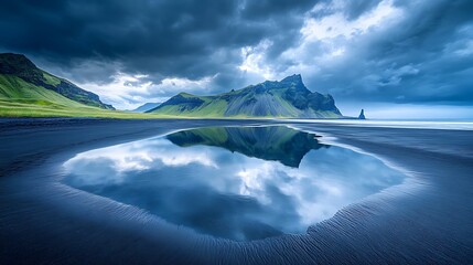 A detailed shot of tidal pools on black sand reflecting dramatic storm clouds above