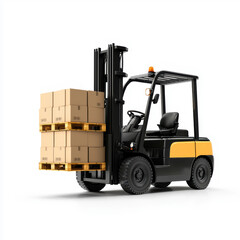 Black forklift carrying a large pallet of cardboard boxes clear and professional presentation for industrial shipping and storage visuals