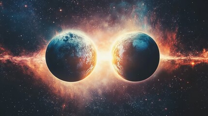 Obraz premium Cosmic Bridge: Planets Connected - Two planets connected by a vibrant energy bridge, symbolizing unity, connection, transition, hope, and cosmic wonder.