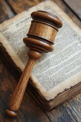 Fototapeta premium A beautifully crafted wooden gavel rests elegantly atop an ancient legal document, symbolizing justice and tradition in a courtroom setting.