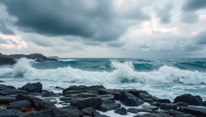 Dramatic ocean waves crashing on rocky shore under stormy sky.