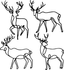  Set with deer drawn in one black line in vector. Deer silhouette
