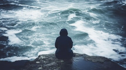 Obraz premium Lonely Figure Overlooking Turbulent Ocean Waves