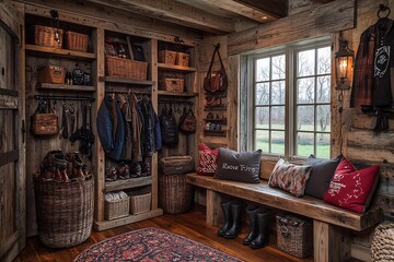 Inviting Mudroom with Organized Shelving and Wicker Baskets in Rustic Cabin Style