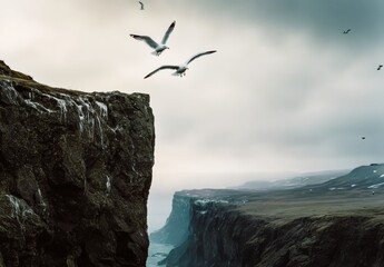 Fototapeta premium Majestic Seagulls Flying Above a Rugged Cliff with Dramatic Sky and Coastal Landscape in the Background, Capturing the Beauty of Nature's Wilderness