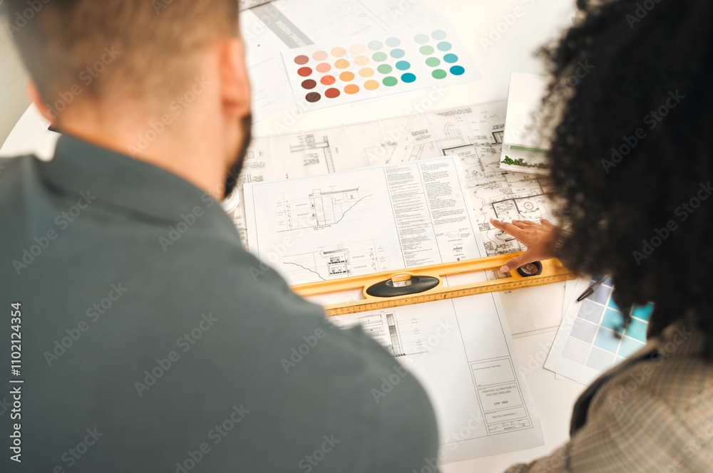 Poster office, teamwork and business people with blueprint for architecture, planning or project management