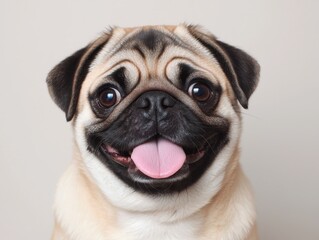 Adorable Fawn Pug Portrait in Soft Light, Cheerful and Playful Canine Companion on Neutral Background for Pet Lovers and Commercial Use