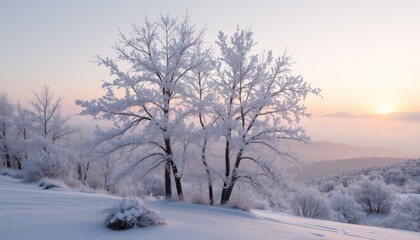 Frosty winter sunrise landscape with snow-covered trees on a hill.
