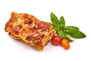 Traditional Homemade Italian Lasagna, isolated on white background.