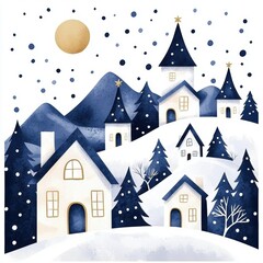 Festive village with decorated houses under a blanket of snow winter wonderland scene evoking holiday charm and nostalgic cheer