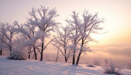 Frosty sunrise over snow-covered trees and landscape.