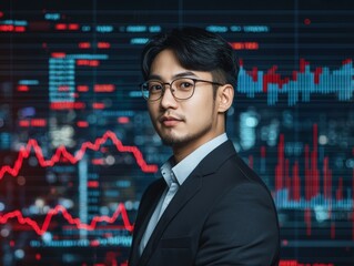 Fototapeta premium Confident Asian Businessman Analyzing Stock Data in Dark Corporate Setting - Professional Finance Concept