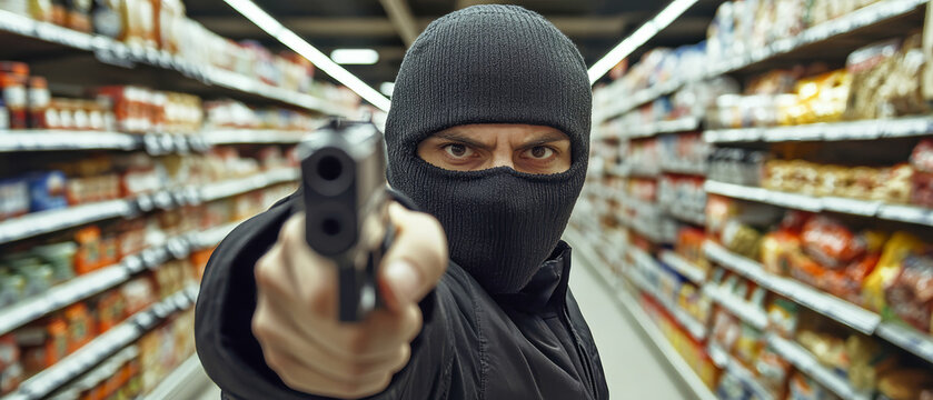 A masked man holding a gun demands compliance inside a grocery store during a robbery