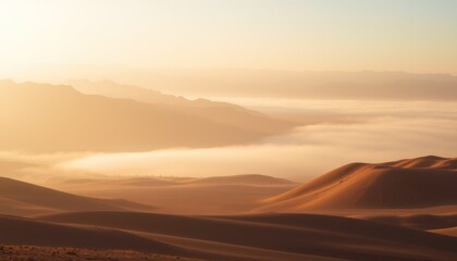 Golden sunrise over misty desert landscape.