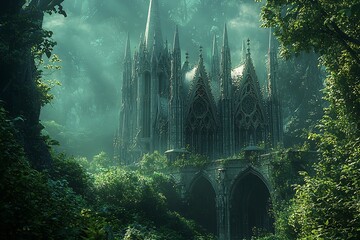 Obraz premium Majestic Gothic Cathedral Enveloped in Mystical Forest Mist