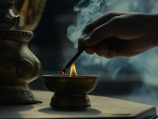 Lighting incense stick with traditional brass burner and smoke.