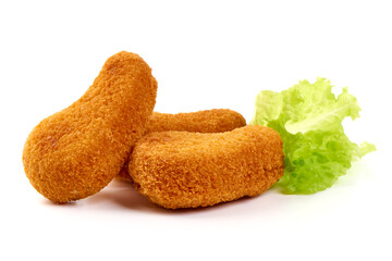 Crispy chicken nuggets, isolated on white background.