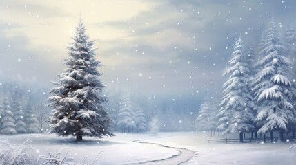 A snowy winter scene with a path, snow-covered trees, and a Christmas tree. Soft, light snowfall.