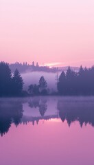 Fototapeta premium Serene mountain lake at sunrise with stunning reflections of pink and purple skies