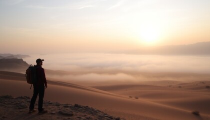 Fototapeta premium Hiker silhouetted at sunrise over desert fog.