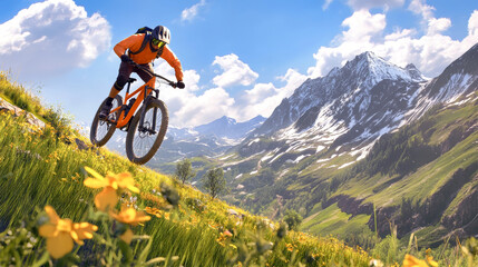 Fototapeta premium Rider on a dark orange mountain bike navigates green grass and yellow flowers in a breathtaking Carpathian mountain valley under a blue sky