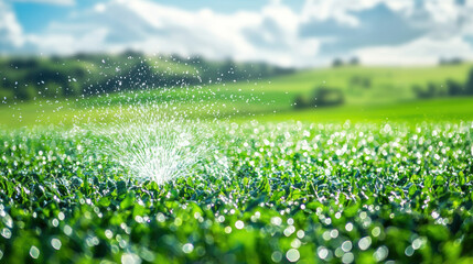 vibrant green field with water splashing, showcasing lush vegetation and bright sky. scene evokes sense of freshness and vitality in nature
