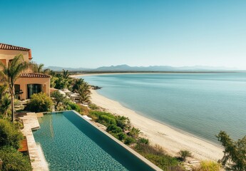 Fototapeta premium Tranquil Coastal Scene with Infinity Pool Overlooking Clear Water and Sandy Beach Near Luxurious Villa Surrounded by Palm Trees and Scenic Mountains