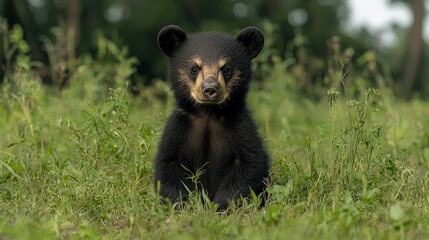 Fototapeta premium Adorable black bear cub in lush forest habitat