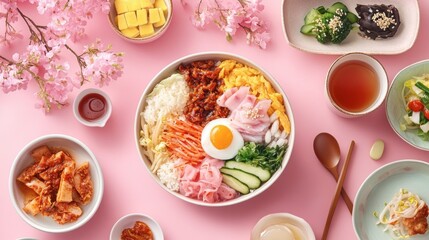Colorful Asian Cuisine Spread with Rice Bowl and Cherry Blossoms