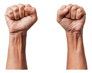 Two fists raised side by side against a white background