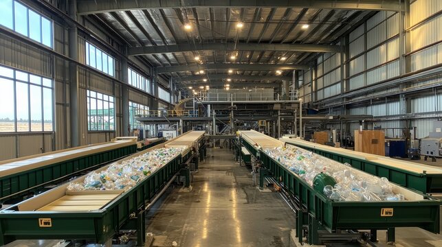 Efficient Plastic Recycling Facility with Parallel Conveyors in Industrial Setting, Eco-Friendly Waste Management Industrial Efficiency, Large-Scale Operation