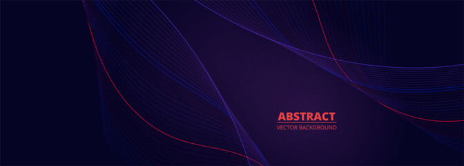 Dark blue technology banner with red and blue wavy lines. Vector illustration wide background