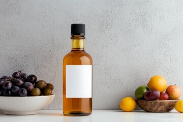 Elegant Amber Glass Bottle with Blank Label Surrounded by Luscious Fruit on Textured Grey Wall - Serene Product Mock-up for Branding