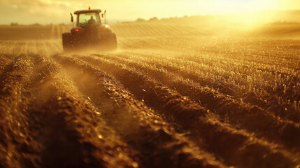 Fototapeta premium tractor plowing sunlit field, creating dust clouds in golden hour. expansive farmland showcases rich soil and furrows, evoking sense of tranquility and hard work