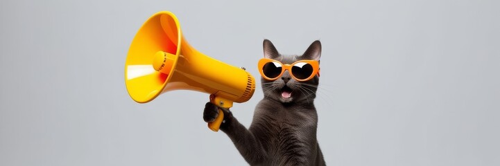 Cool cat hipster in sunglasses holding megaphone. Marketing, sale, discount concept. Website banner. Copy space template