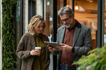 Happy middle-aged business man and woman standing in an office, using a tablet computer while drinking coffee. The businessman is holding a digital tablet, working together on a project.
