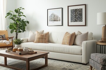 Elegant Cream Sofa in Minimalist Living Room Interior, Neutral Tones, Serene Modern Decor, Symmetrical Design - Luxurious Home Furnishing Concept