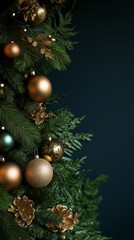 A Christmas tree with gold and green ornaments