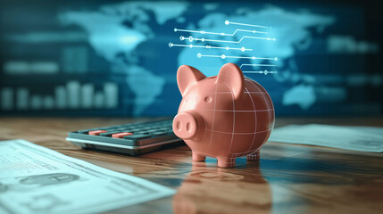 Global Financial Technology Concept with Piggy Banks and Data Visualization