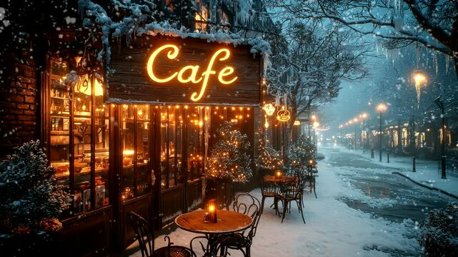 Cozy snowy cafe illuminated with glowing lights in winter. Seamless looping 4k video background