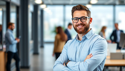 Obraz premium Confident Businessman in a Modern IT Company Office Environment.