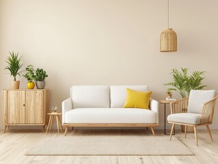 Elegant Minimalist Living Room Interior with White Sofa, Light Wood Accents, and Calm Neutral Tones - Serene Scandinavian Home Decor Scene