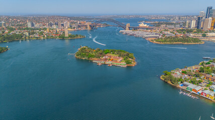 Fototapeta premium Aerial View of Sydney Harbour Balmain Darling harbour Sydney CBD cockle Bay Wharf North Sydney harbour bridge Lavender Bay Milsons Point Manly on a warm summer day blue skies 