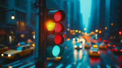 City Traffic Light Showing Yellow And Red Lights