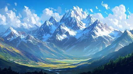 Fototapeta premium A serene mountain landscape with snow-capped peaks and a lush green valley under a blue sky.