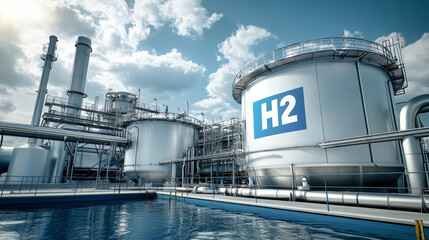 Obraz premium Futuristic hydrogen production plant with H2 storage tanks under a clear blue sky and shining sun reflecting on its sleek surfaces