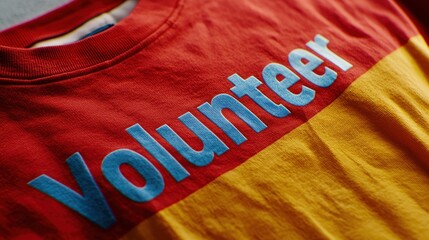 Close-up of a "Volunteer" T-shirt in vibrant colors, with a logo or message