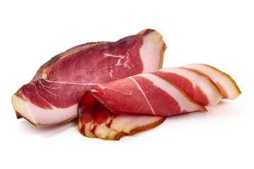 Italian prosciutto crudo or spanish jamon. Jerked meat, isolated on white background.